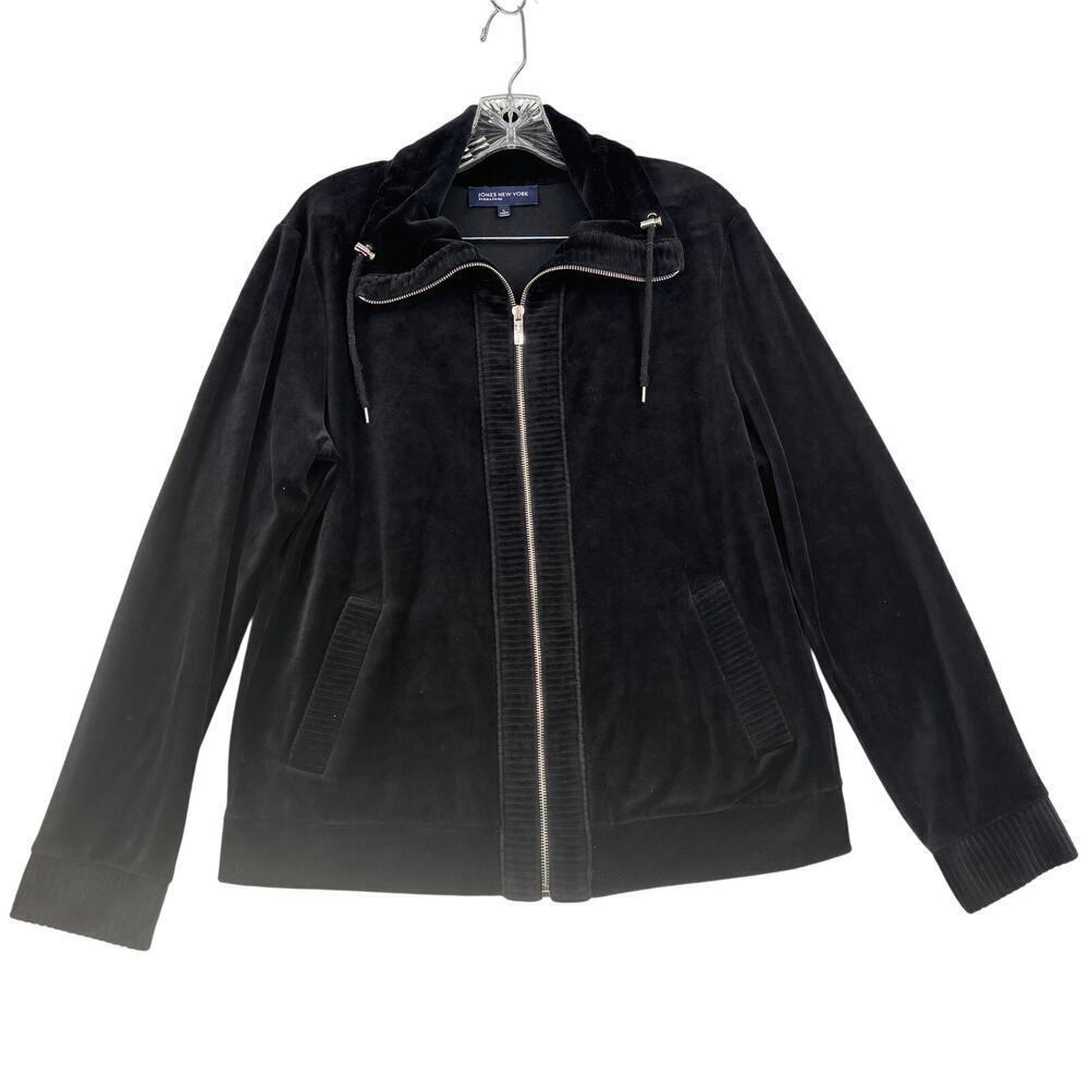 Jones New York Jacket Size L Black Velour Full Zip Drawcord Collar Ribbed FLAW